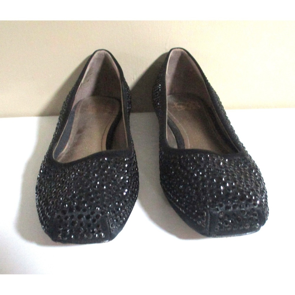 Joan & David Black Rhinestone Satin Ballet Flats Square Toe Evening Shoes 5.5 M